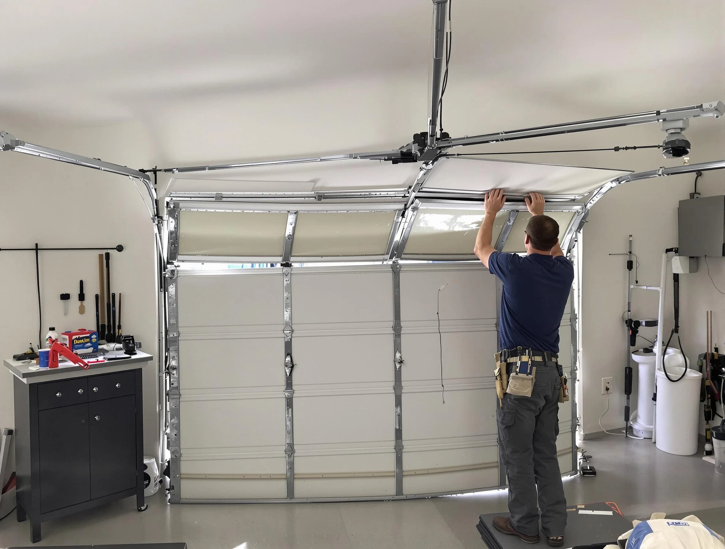 Senoia Garage Door Repair specialist performing precise section replacement on Senoia garage door