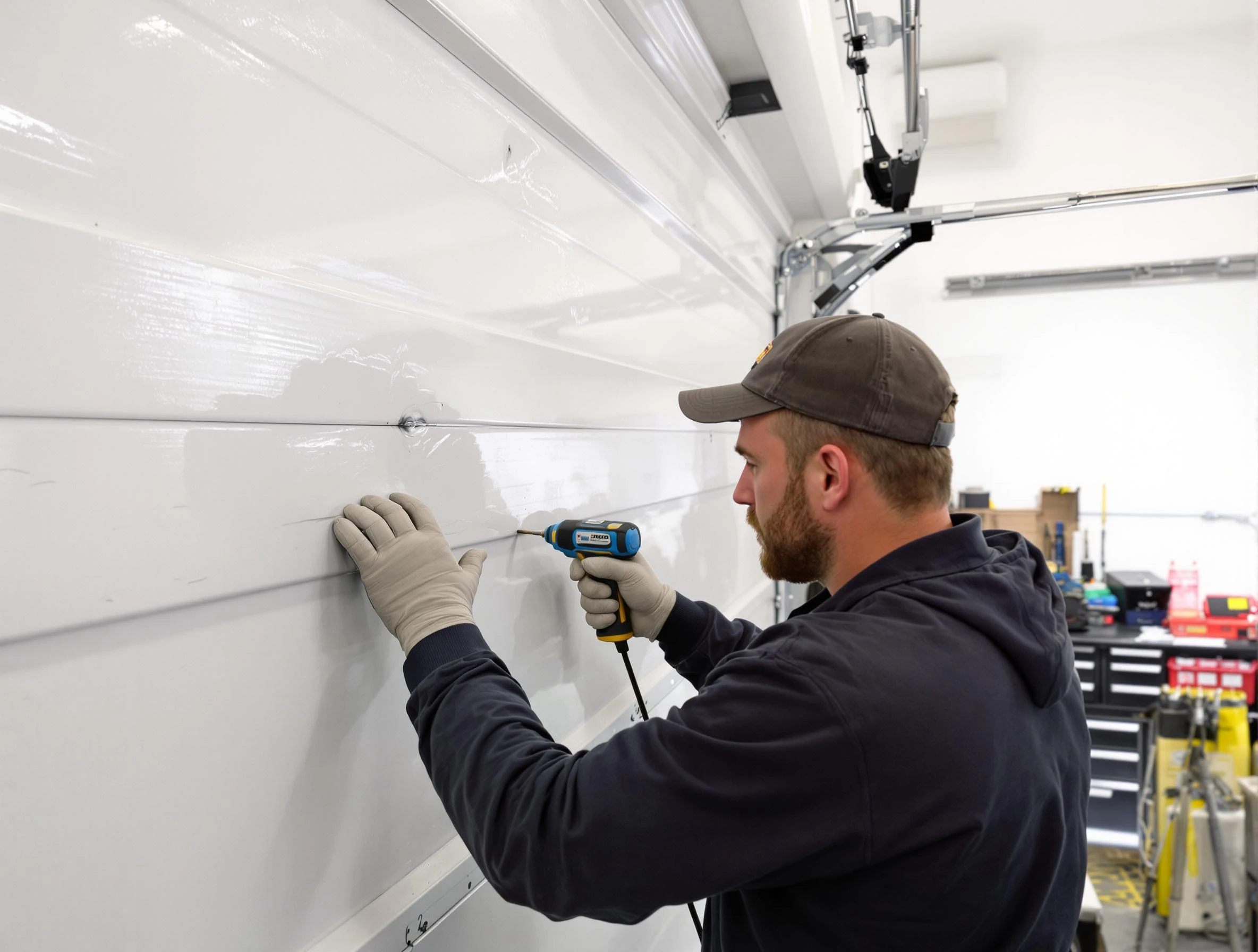 Senoia Garage Door Repair technician demonstrating precision dent removal techniques on a Senoia garage door