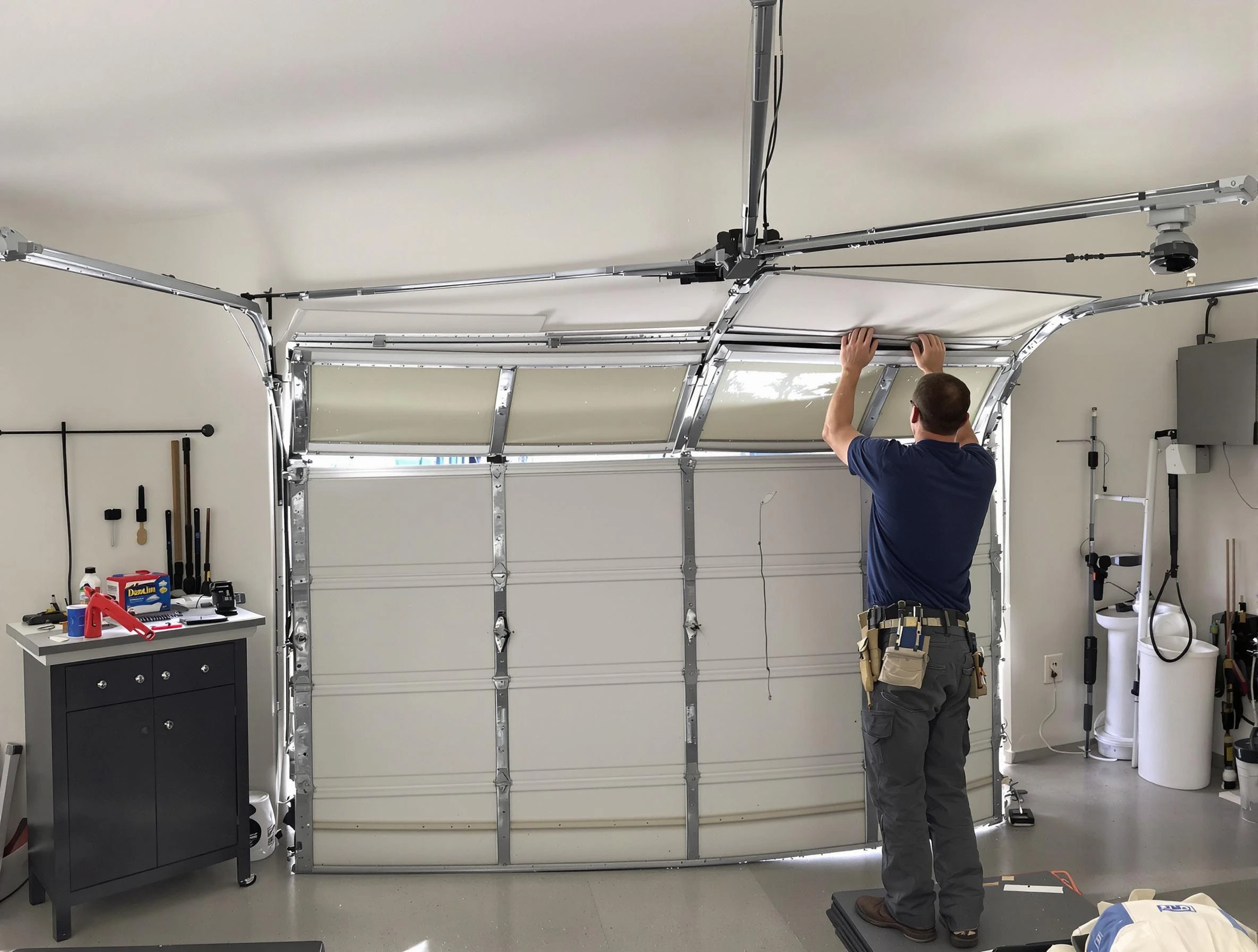 Senoia Garage Door Repair specialist performing precise section replacement on Senoia garage door